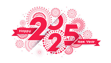 Happy New Year 2025 with fireworks and text design on white background.
