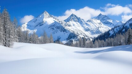 Snow-Capped Peaks with Expansive Sky, a breathtaking winter vista showcasing majestic mountains, inviting exploration and adventure, perfect backdrop for inspirational messages.