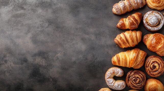 A high-quality AI-generated stock image of a selection of fresh bakery pastries on the right side, leaving ample space on the left for text. Perfect for bakery promotions or food-related content.