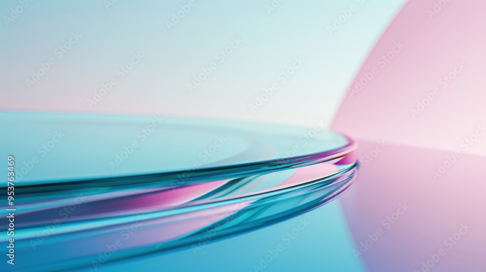 Poster glass plate with a curved edge, reflecting light and colors on a gradient background
