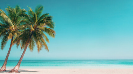 Fototapeta premium Tropical Paradise Escape, a serene beach adorned with swaying palm trees, inviting azure waters, and a spacious blank area for your personalized message, perfect for summer vibes.