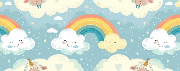 Seamless pattern of fluffy sheep and rainbows on a blue sky background, perfect for children’s designs.