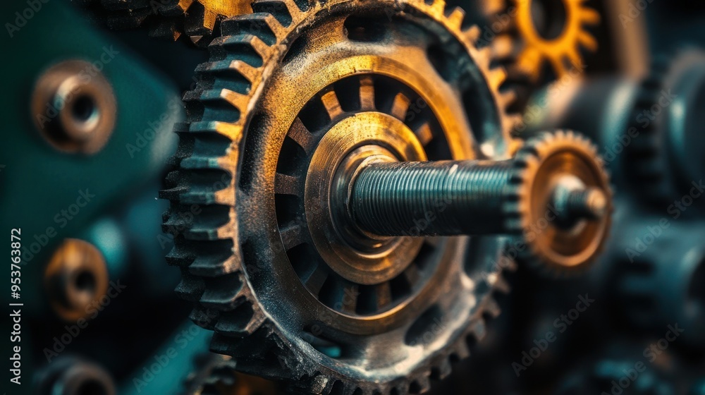 Poster Close-Up of Interlocking Gears in a Machine