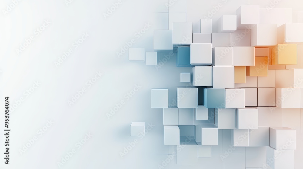 Poster Abstract representation of floating cubes in soft pastel colors, creating a modern and minimalist digital space.