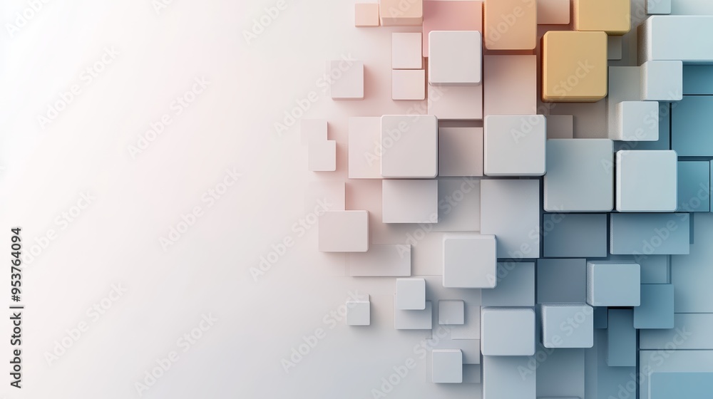 Poster a modern abstract composition featuring 3d cubes in soft pastel colors, creating a stylish and minim