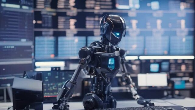  Robot Working at a Computer in a Data Center