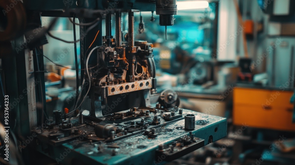 Poster close-up of a rusty industrial machine with a drill bit