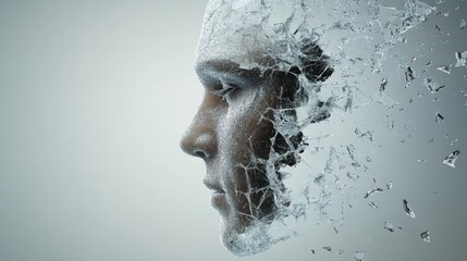 A surreal representation of a face shattering like glass, symbolizing transformation and change in a digital age.
