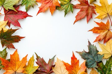 Fototapeta premium Autumn Maple Leaves Flat Lay White Background created with Generative AI