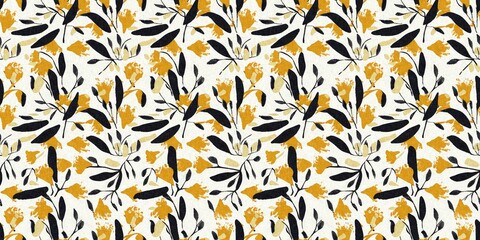 Modern printed fabric flower block print pattern with linen texture effect. Stylized boho dark floral for chic fashion background motif border design.