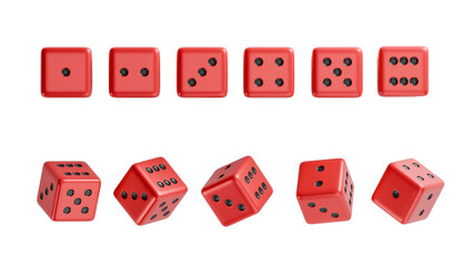 Set of red gambling dice all sides from one to six and rotation animation set view Front view.