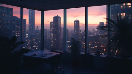 Office with a City Skyline View at Sunset