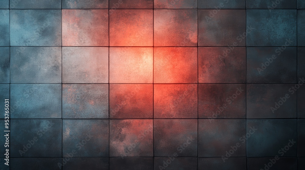 Poster abstract textured background of dark tiles with a glowing red center, creating a dramatic visual eff