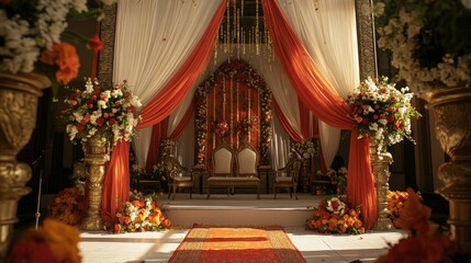 A beautifully decorated Indian wedding mandap, with flowers and drapes, ready for the ceremony.