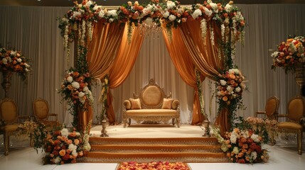 Obraz premium A beautifully decorated Indian wedding mandap, with flowers and drapes, ready for the ceremony.