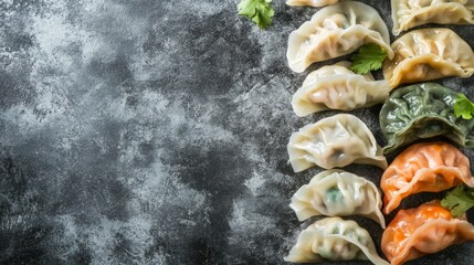 A high-quality AI-generated stock image of a selection of Asian dumplings on the right side, leaving ample space on the left for text. Perfect for menu displays or culinary content.