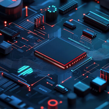 Futuristic Circuit Board with Red and Blue LED Lights