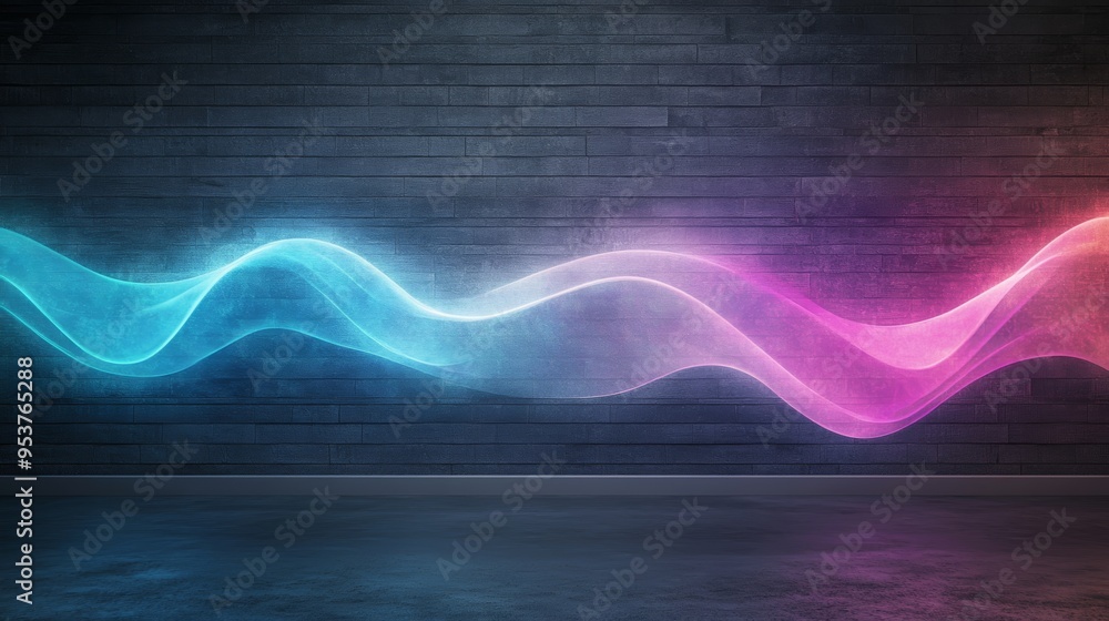Poster a vibrant abstract wave of blue and pink light flows elegantly across a dark textured background, cr