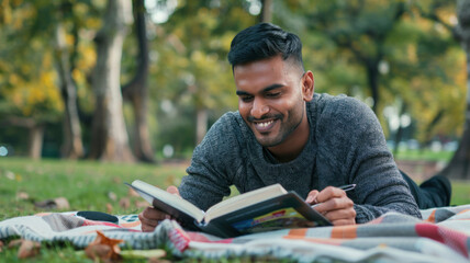 young indian college student reading book at garden