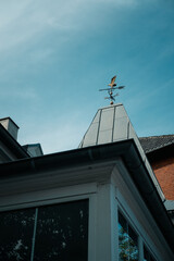 Elegant weathervane atop a rooftop under a clear blue sky, classic design with a touch of traditional architecture.