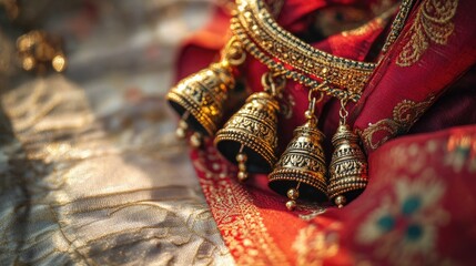 A close-up of a traditional Indian anklet with ghungroos (bells), placed on a silk cloth.