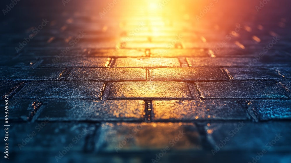 Aufkleber a close-up view of wet brick pavement illuminated by warm light, creating an atmospheric and moody u