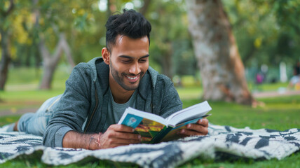 young indian college student reading book at garden