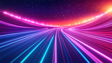 abstract background with curving neon lights blue hot pink orange black fuchsia long exposure  futuristic road trail racing car track black modern dark technology cyber motion movement speeding