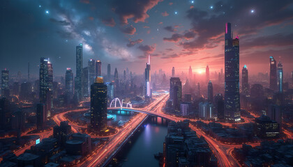 Fototapeta premium a futuristic cityscape unfolds before your eyes dotted with towering skyscrapers and flashing lights A colorful map of the city takes you past revealing the vast expanse of cosmos generative ai 