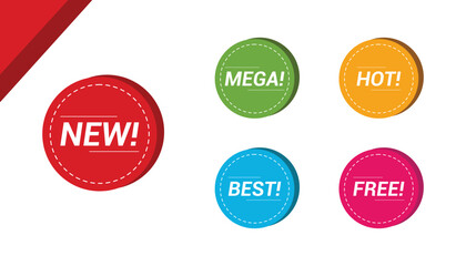 New, hot, best, free, mega marketing text message tag set. Rounded speech bubble sale label badge with special offer illustration isolated on white background