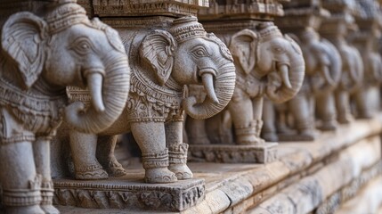 Fototapeta premium A close-up of the carved stone elephants at the base of a historic Indian temple