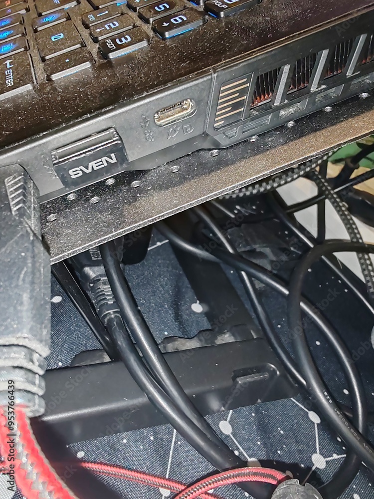Poster a computer with a black keyboard and a black laptop