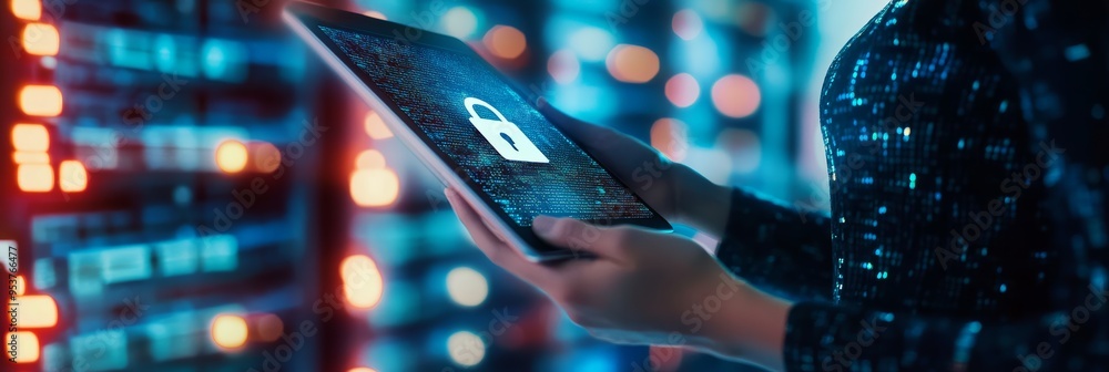 Poster Woman holding a tablet with a glowing lock icon, standing in a server room, representing cyber security. Digital protection and secure server access concept.