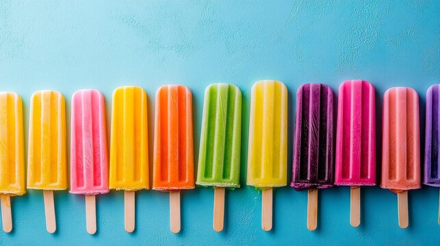 A high-quality AI-generated stock image of a selection of colorful popsicles on the right side, leaving ample space on the left for text. Perfect for summer promotions or frozen treats content.