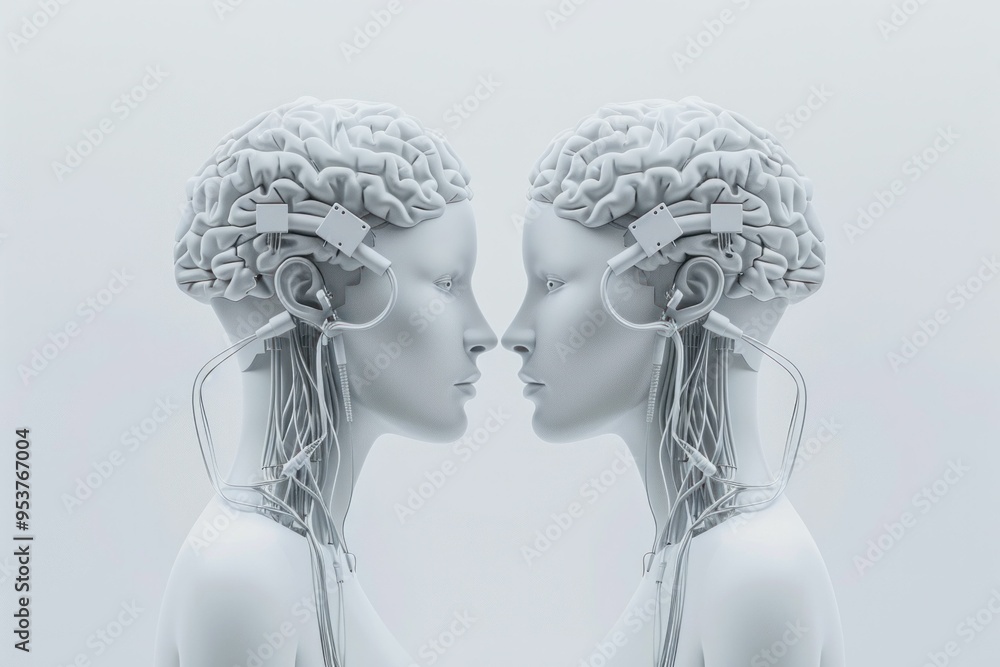 Poster two futuristic humanoid figures with brain implants facing each other in a minimalist environment
