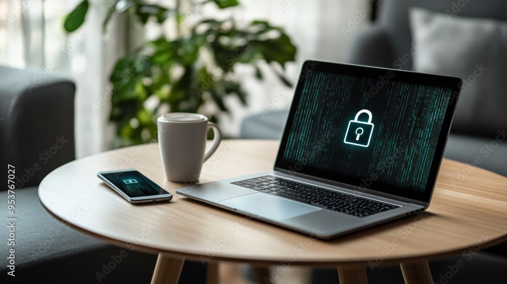 Poster laptop with a digital lock icon on the screen in a modern home office setting. represents online sec