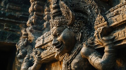 A close-up of the detailed stone reliefs on the walls of an ancient Indian cave temple.