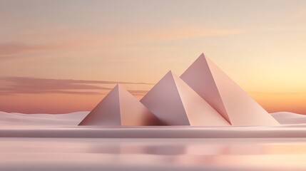 Serene geometric landscape featuring minimalist pyramids against a soft pastel sunset. Ideal for modern design projects.