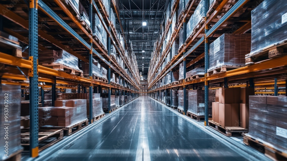 Poster rows of pallets stacked with wrapped boxes in a warehouse