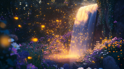 Fototapeta premium Enchanted forest waterfall with glowing fireflies, magical garden landscape with purple flowers, ethereal fantasy nature background at dusk