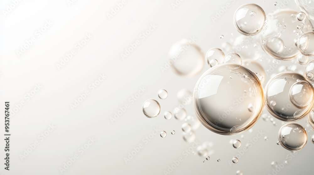 Poster a close-up image featuring translucent bubbles floating on a light background, creating a serene and