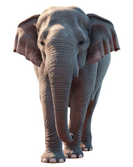 An elephant walking gracefully on a white background, showcasing its majestic form in a clean, isolated setting. Generative AI
