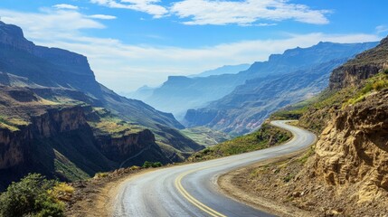 A high-quality AI-generated stock image of a scenic road winding through mountains on the right side, leaving ample space on the left for text. Ideal for travel, adventure, or road trip content.