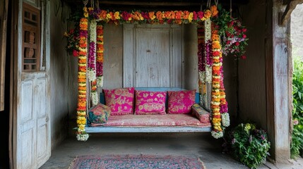 A decorated swing or jhula, adorned with flowers and garlands, in a traditional Indian home.