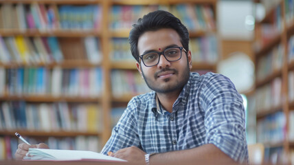 Fototapeta premium young indian college student studying at library