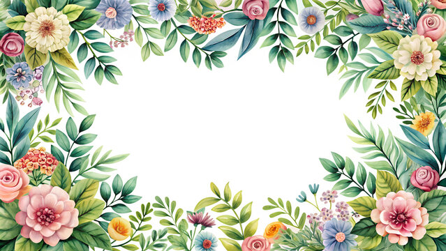 watercolor decorative border flower frame on transparent background