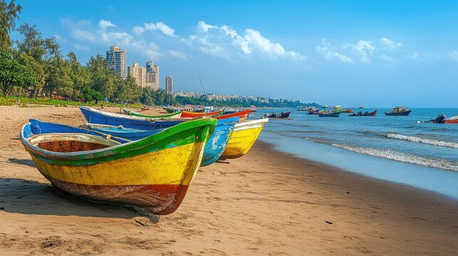 A deserted Versova Beach with its famous colorful fishing boats lined up along the shore.