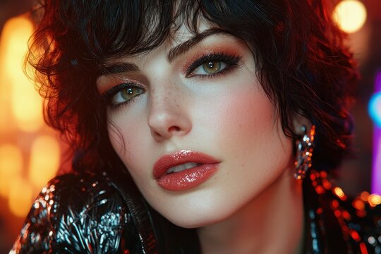 Close-up Portrait of a Woman with Short Curly Hair and Bold Makeup