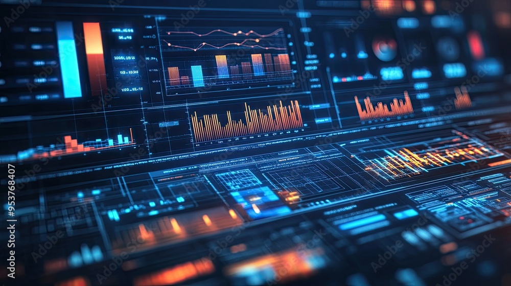 Poster a digital dashboard with various graphs and charts representing business analytics on a high-tech ba
