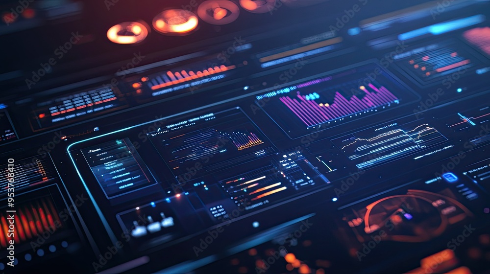 Poster a digital dashboard with various graphs and charts representing business analytics on a high-tech ba